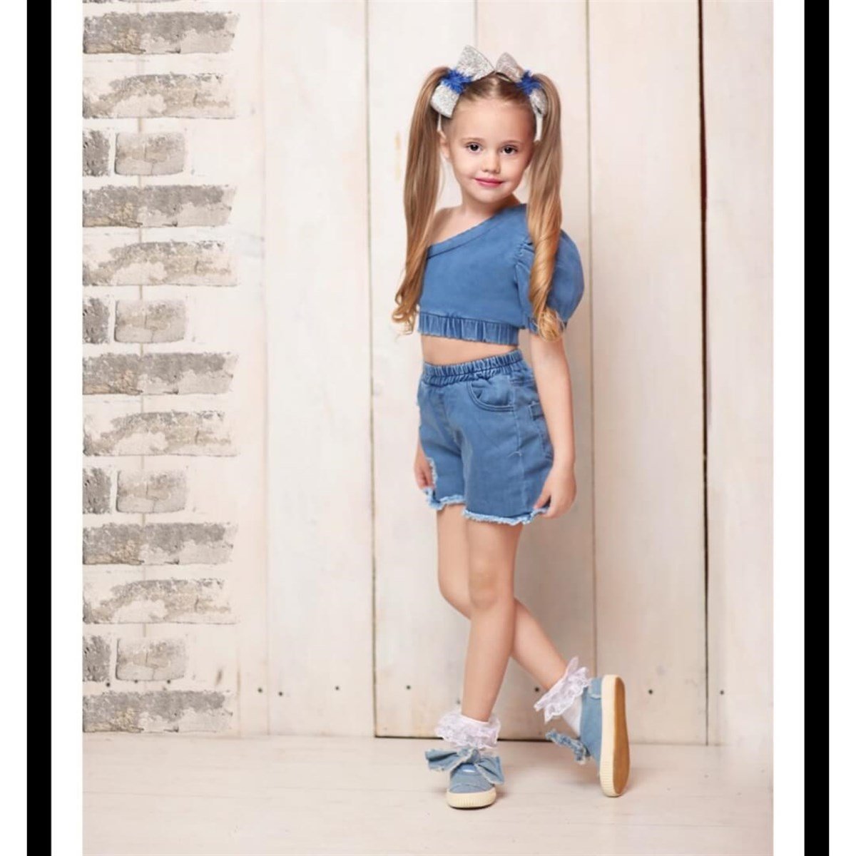 Kız Çocuk Asimetrik Bluzlu Kot Takım-Kız Çocuk Alt Üst Takım-QuzucukKids.com