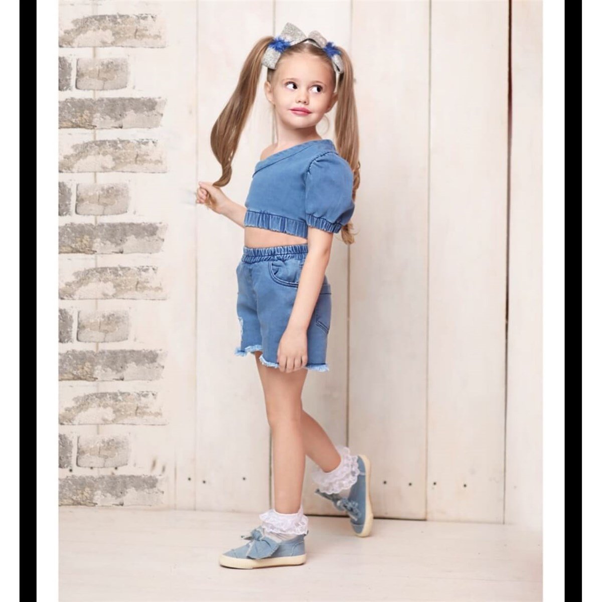 Kız Çocuk Asimetrik Bluzlu Kot Takım-Kız Çocuk Alt Üst Takım-QuzucukKids.com