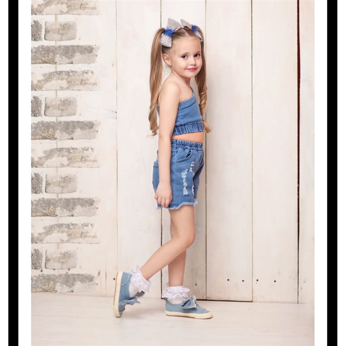 Kız Çocuk Asimetrik Bluzlu Kot Takım-Kız Çocuk Alt Üst Takım-QuzucukKids.com