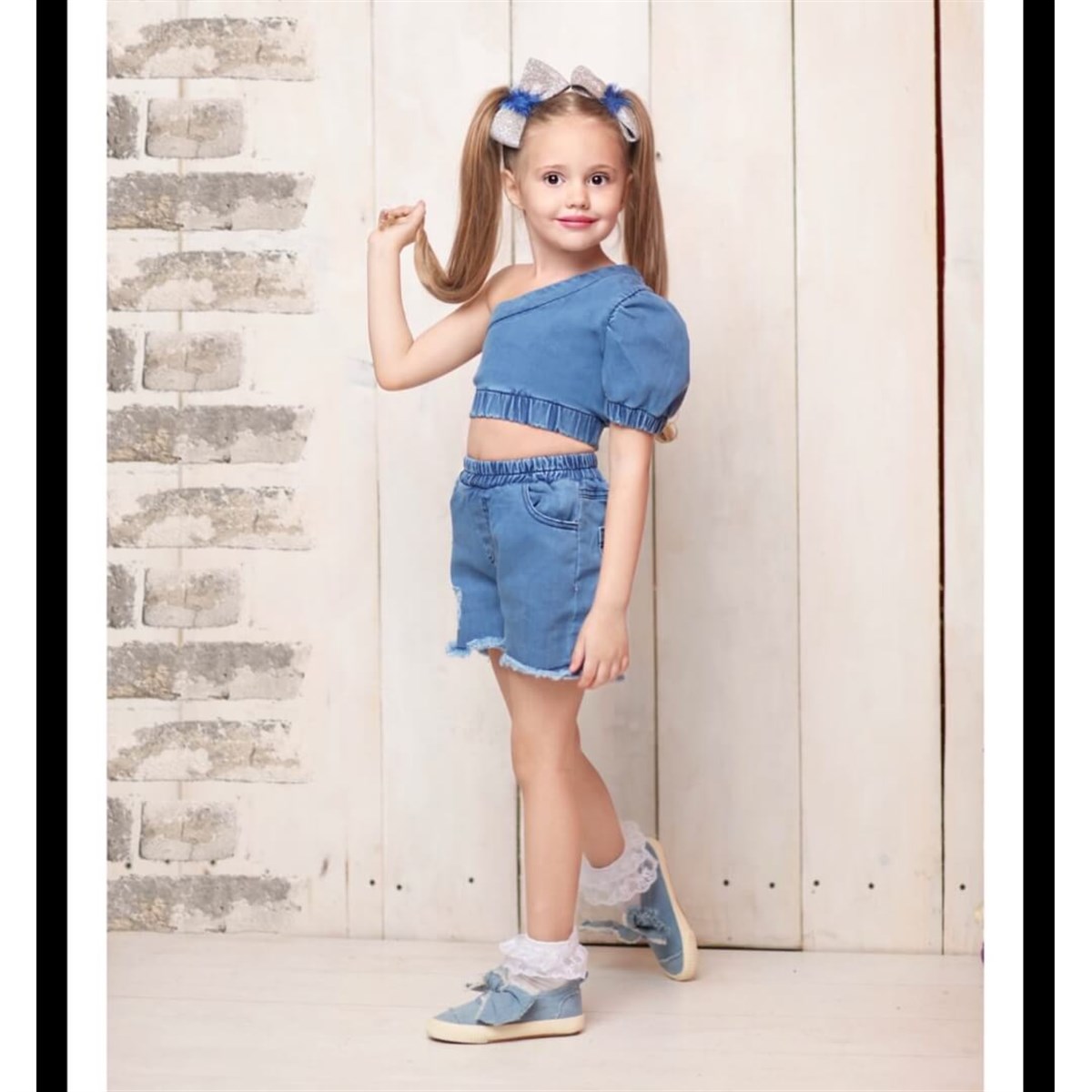 Kız Çocuk Asimetrik Bluzlu Kot Takım-Kız Çocuk Alt Üst Takım-QuzucukKids.com