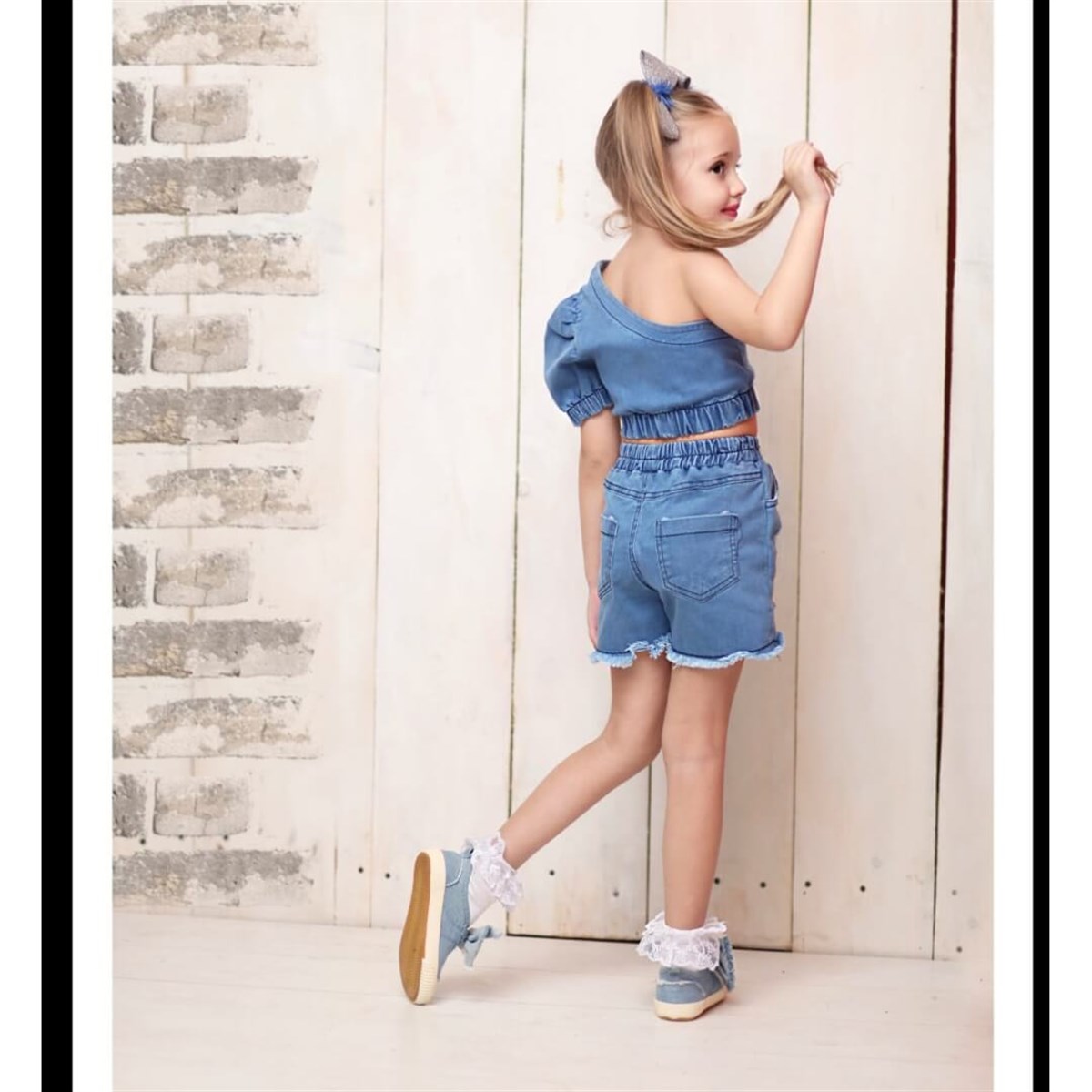 Kız Çocuk Asimetrik Bluzlu Kot Takım-Kız Çocuk Alt Üst Takım-QuzucukKids.com