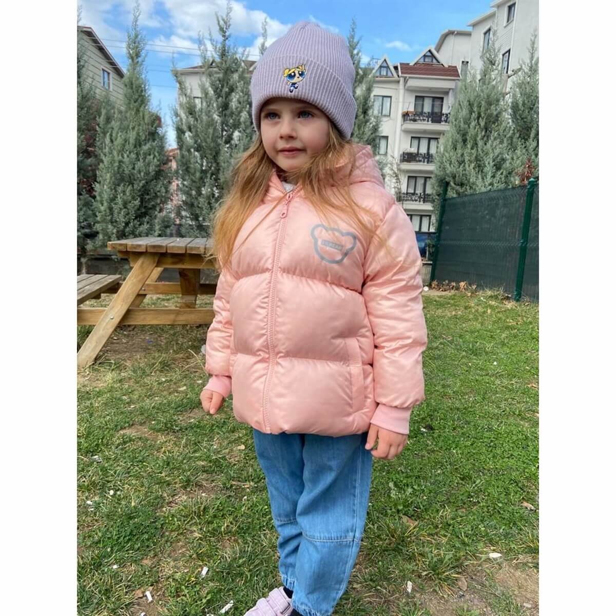 Kız Çocuk Ayıcık Figürlü Yavruağzı Mont-Kız Çocuk Mont-QuzucukKids.com