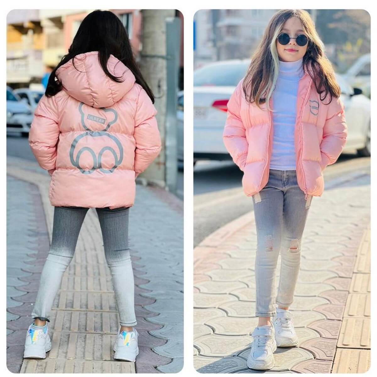 Kız Çocuk Ayıcık Figürlü Yavruağzı Mont-Kız Çocuk Mont-QuzucukKids.com