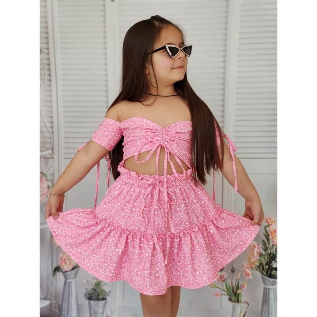 Kız Çocuk Baharlık Pembe Büstiyerli Takım-Kız Çocuk Alt Üst Takım-QuzucukKids.com