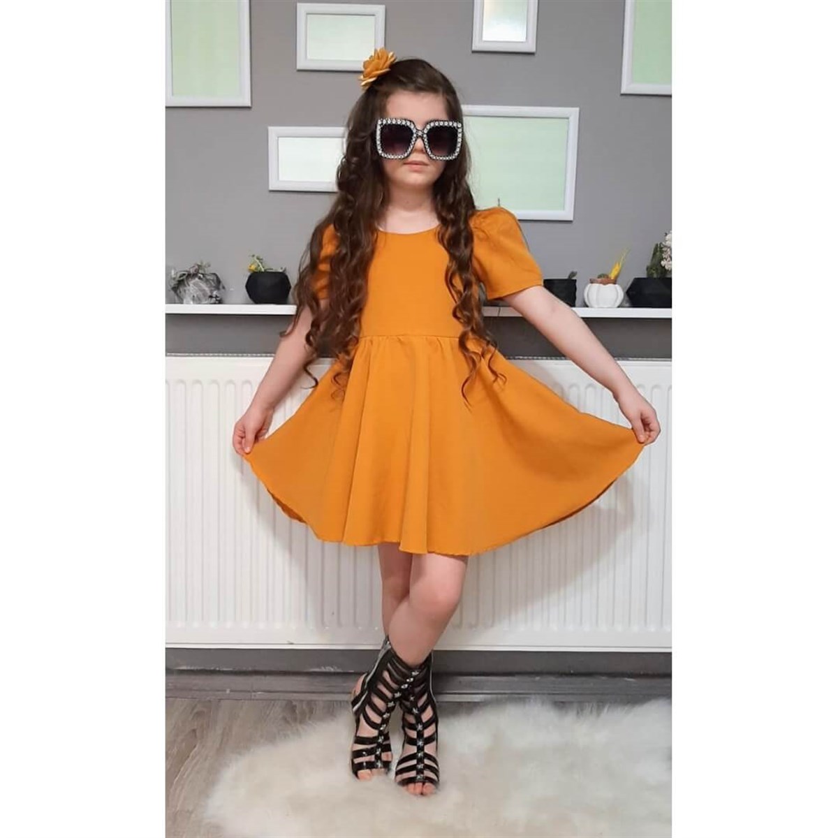 Kız Çocuk Baharlık Turuncu Elbise-Kız Çocuk Elbise-QuzucukKids.com