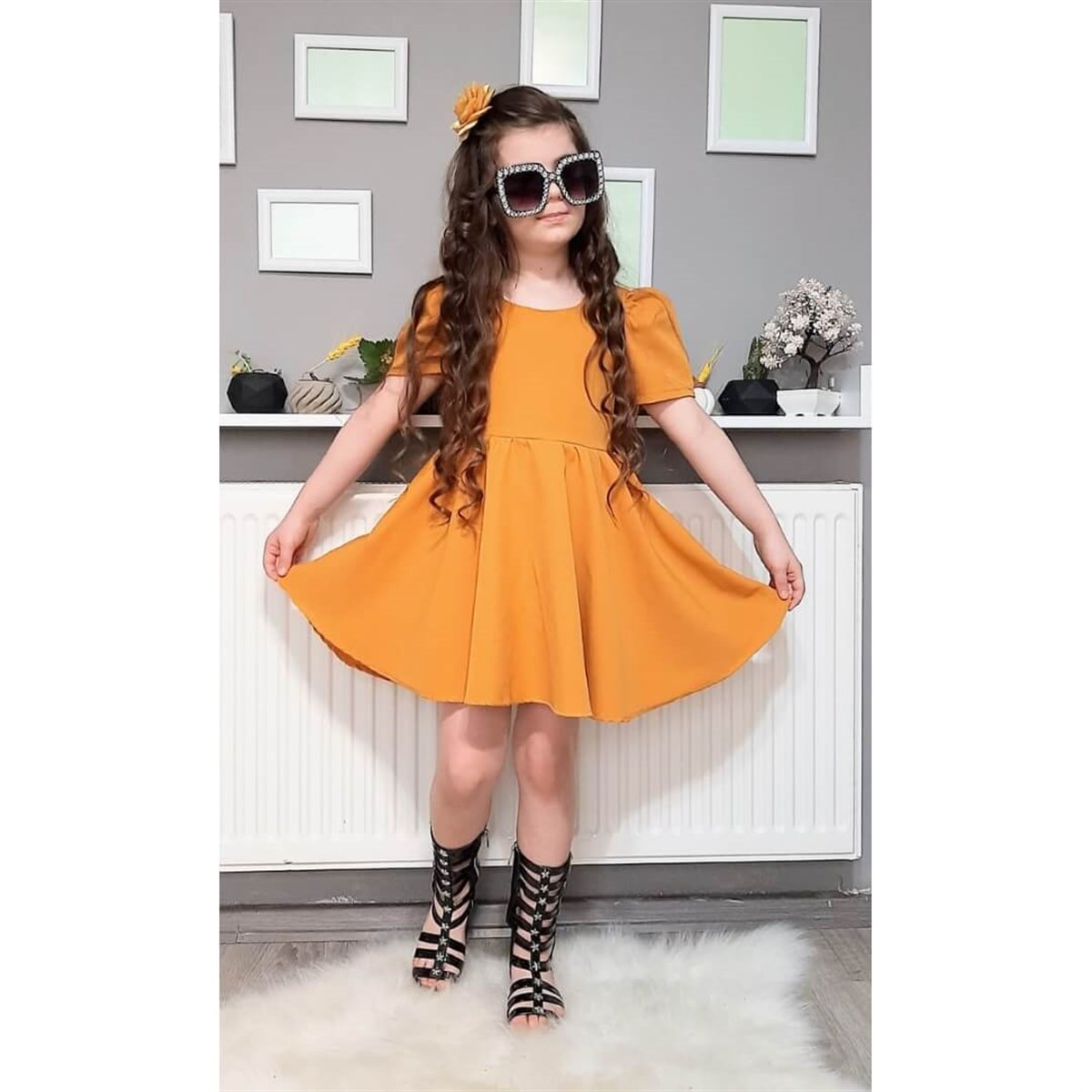 Kız Çocuk Baharlık Turuncu Elbise-Kız Çocuk Elbise-QuzucukKids.com