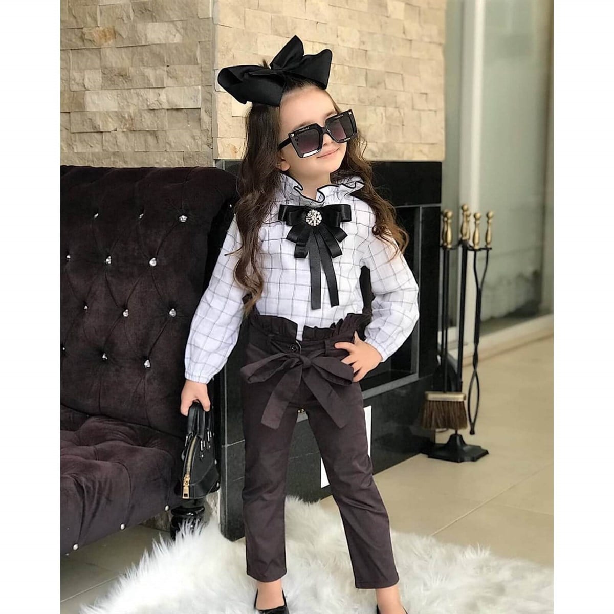 Kız Çocuk Broş Detaylı Pantolon Takım-Kız Çocuk Alt Üst Takım-QuzucukKids.com