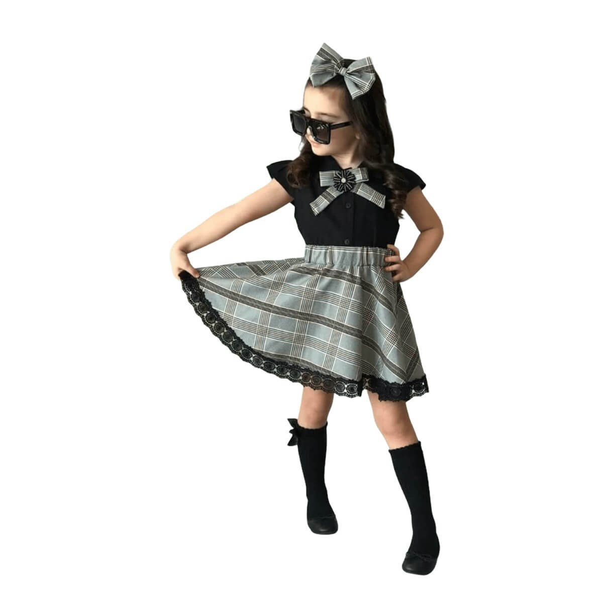 Kız Çocuk Broşlu Fiyonk Detaylı Ekose Etekli Takım-Kız Çocuk Alt Üst Takım-QuzucukKids.com