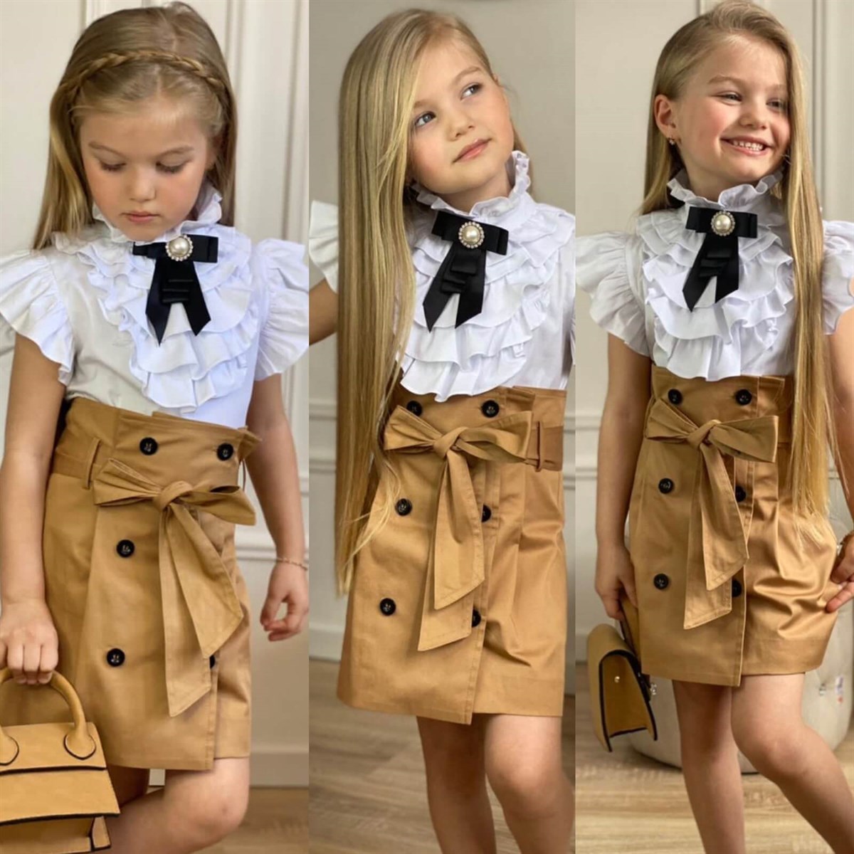 Kız Çocuk Çantalı Krem Etekli Takım-Kız Çocuk Alt Üst Takım-QuzucukKids.com