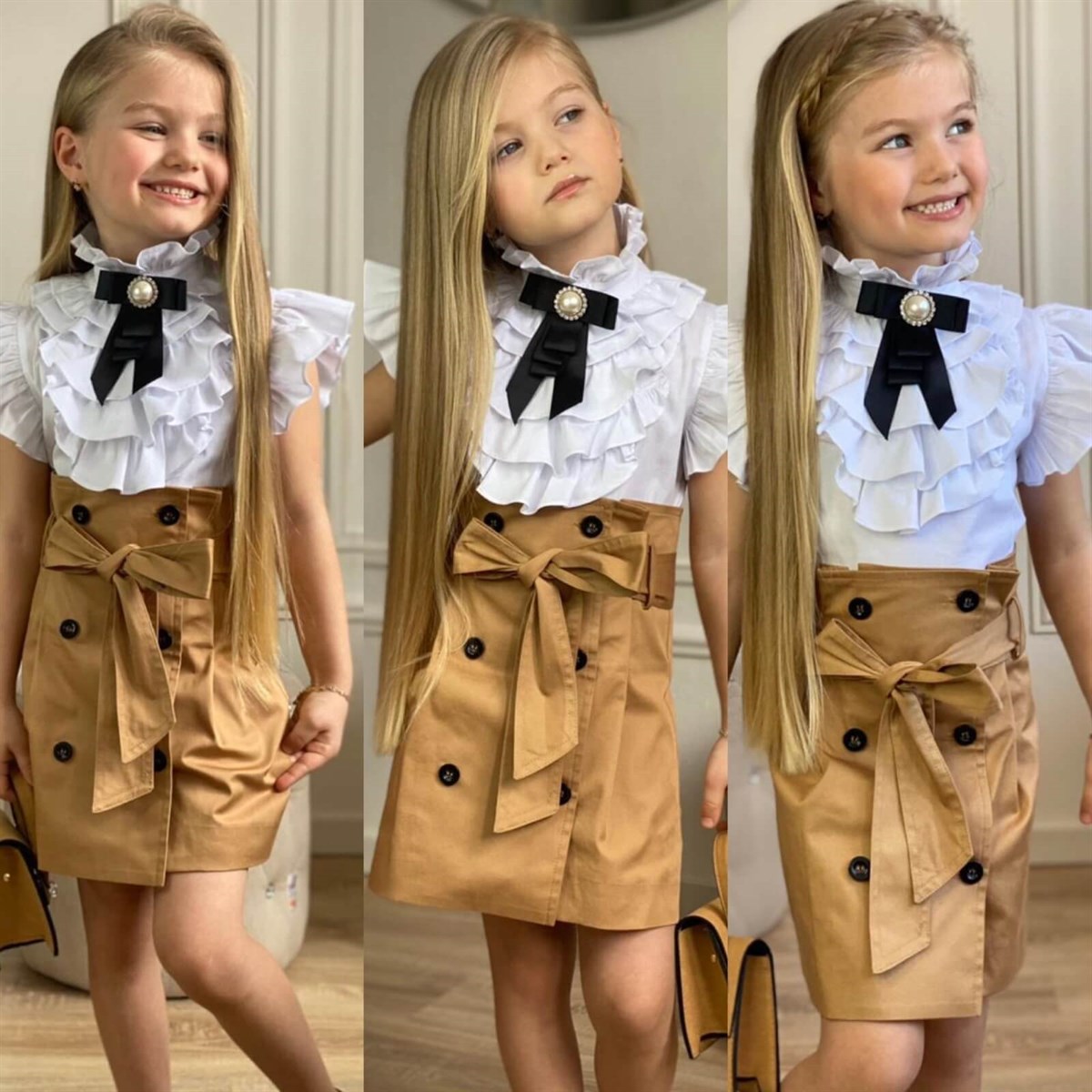 Kız Çocuk Çantalı Krem Etekli Takım-Kız Çocuk Alt Üst Takım-QuzucukKids.com