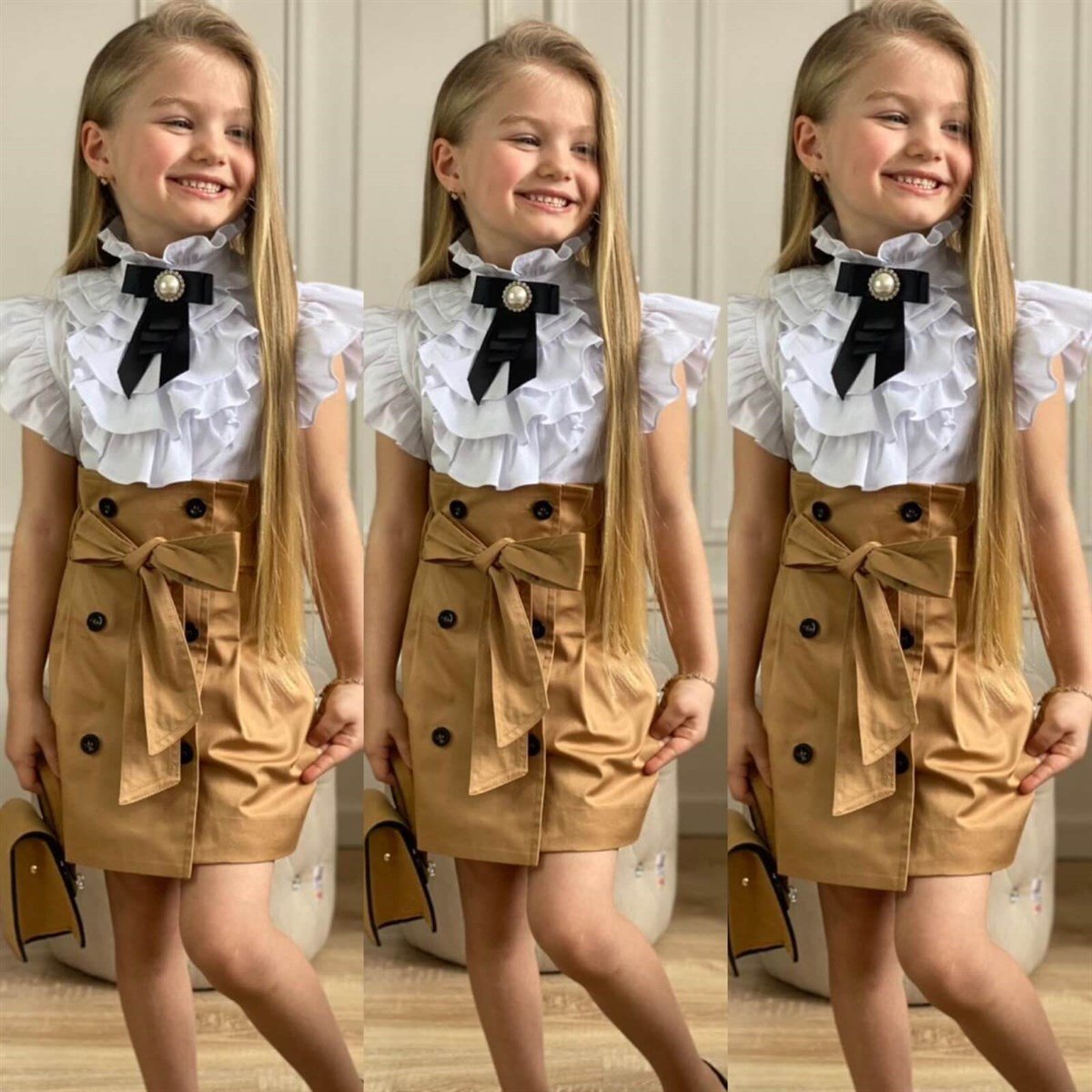 Kız Çocuk Çantalı Krem Etekli Takım-Kız Çocuk Alt Üst Takım-QuzucukKids.com