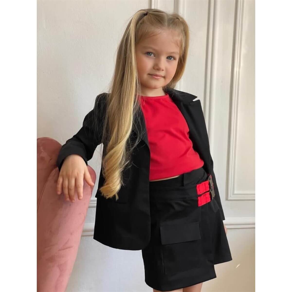 Kız Çocuk Ceketli Kırmızı Şort Etek Takım-Kız Çocuk Alt Üst Takım-QuzucukKids.com