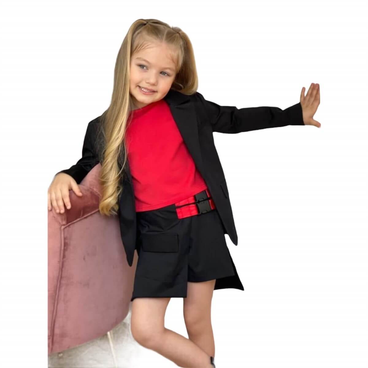 Kız Çocuk Ceketli Kırmızı Şort Etek Takım-Kız Çocuk Alt Üst Takım-QuzucukKids.com