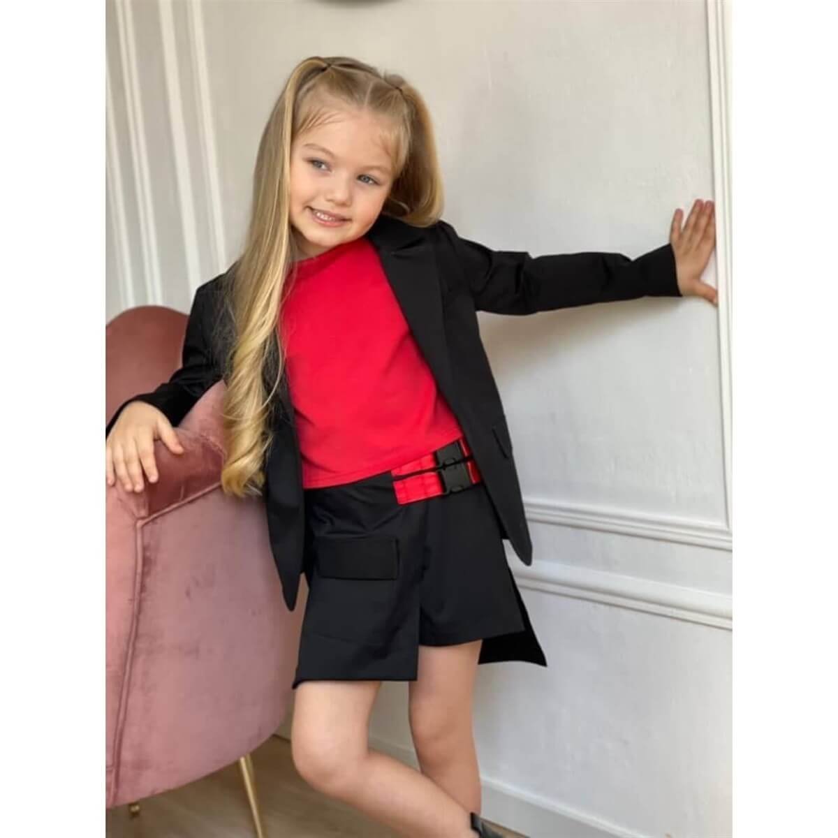 Kız Çocuk Ceketli Kırmızı Şort Etek Takım-Kız Çocuk Alt Üst Takım-QuzucukKids.com