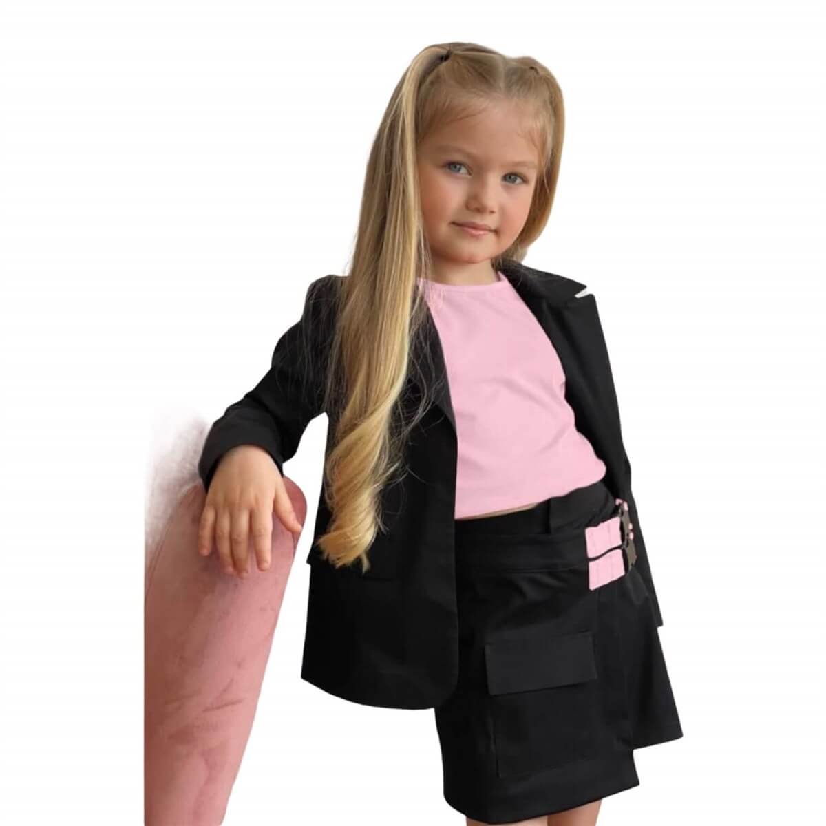 Kız Çocuk Ceketli Pembe Şort Etek Takım-Kız Çocuk Alt Üst Takım-QuzucukKids.com