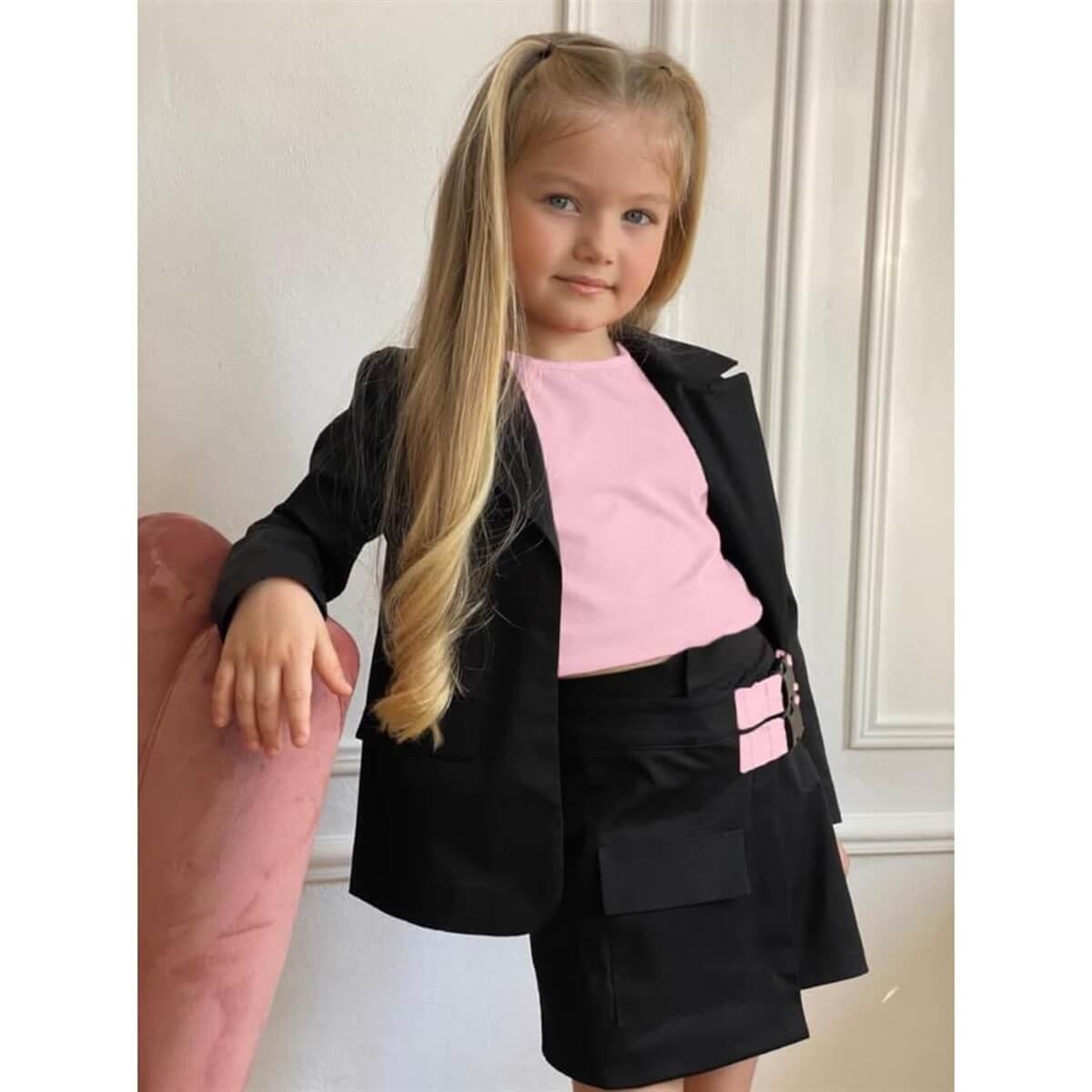 Kız Çocuk Ceketli Pembe Şort Etek Takım-Kız Çocuk Alt Üst Takım-QuzucukKids.com