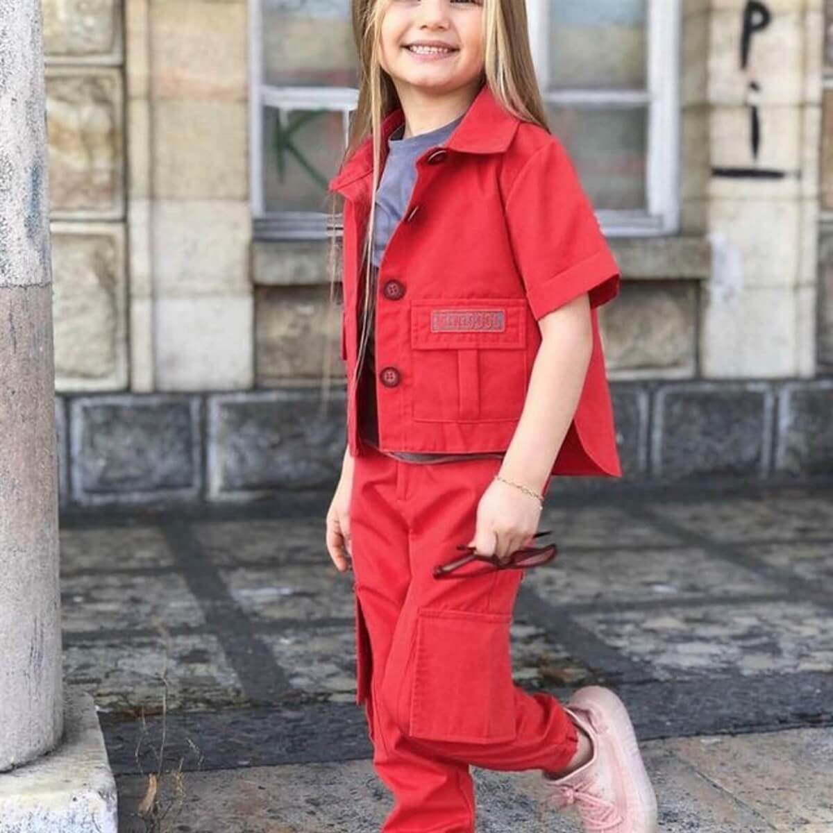 Kız Çocuk Cep Detaylı Kırmızı Ceketli Takım-Kız Çocuk Alt Üst Takım-QuzucukKids.com