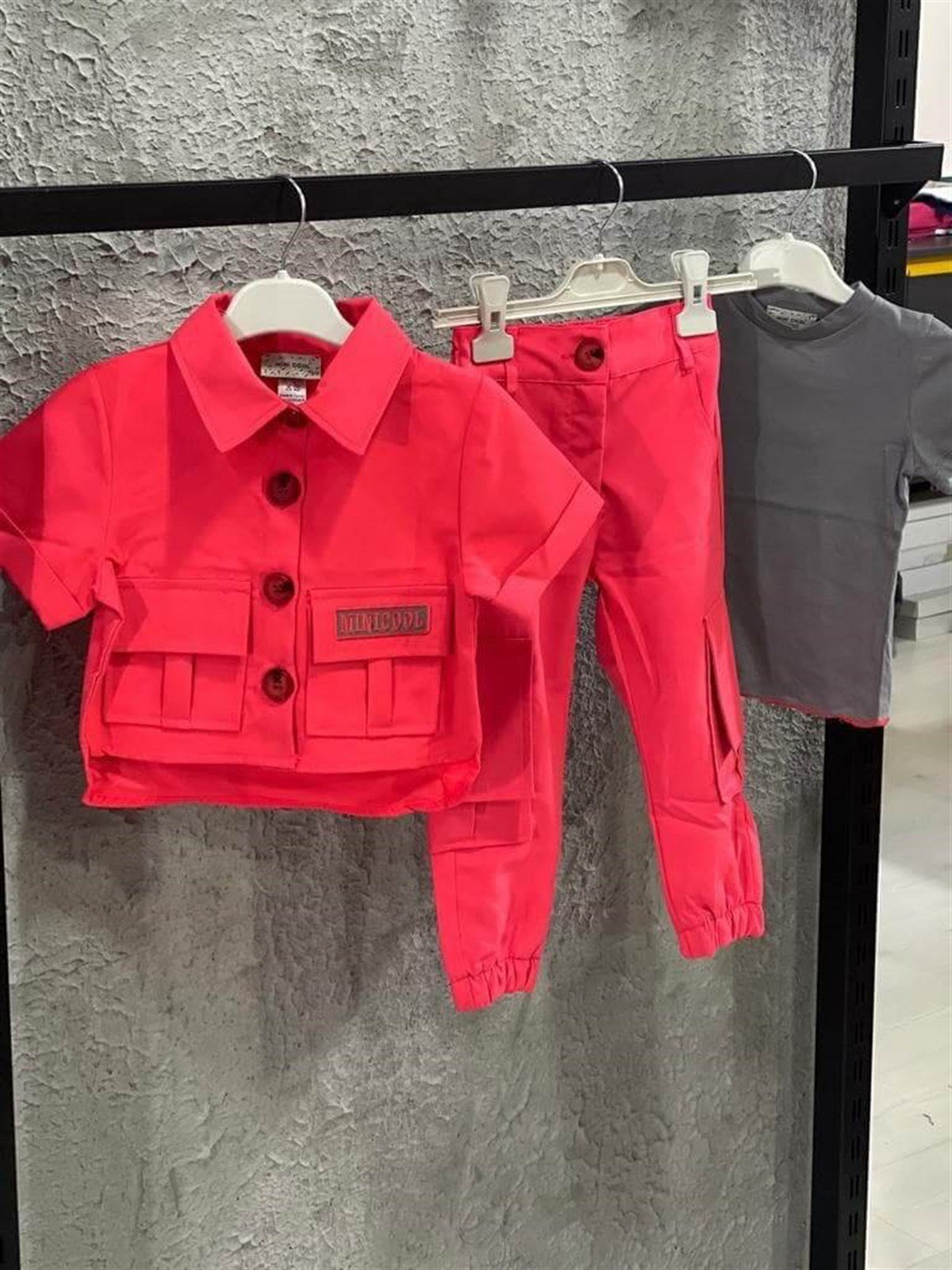 Kız Çocuk Cep Detaylı Kırmızı Ceketli Takım-Kız Çocuk Alt Üst Takım-QuzucukKids.com