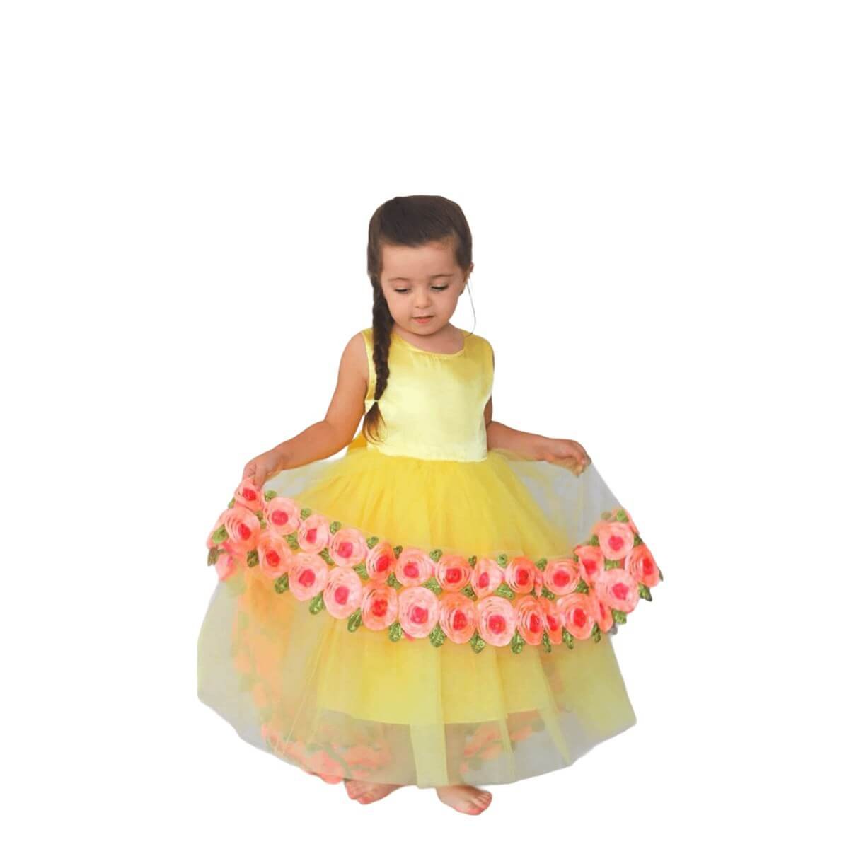 Kız Çocuk Çiçek Figürlü Sarı Elbise-Kid Girl Dresses-QuzucukKids.com