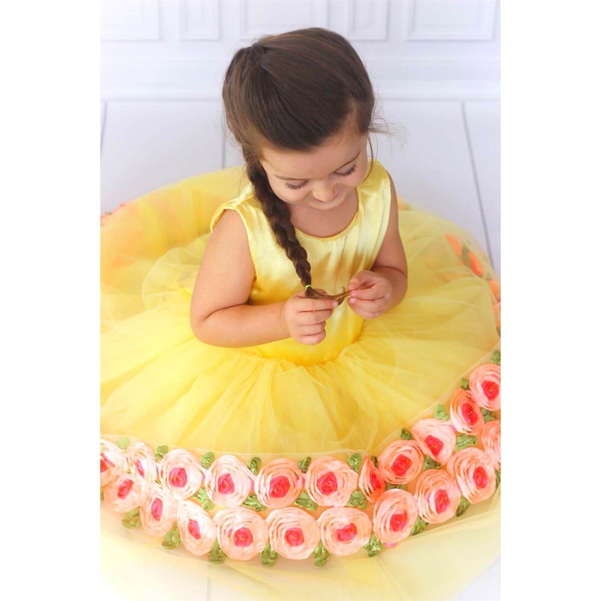 Kız Çocuk Çiçek Figürlü Sarı Elbise-Kid Girl Dresses-QuzucukKids.com