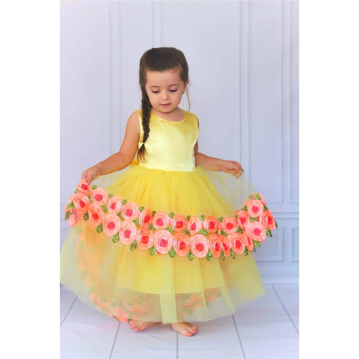 Kız Çocuk Çiçek Figürlü Sarı Elbise-Kid Girl Dresses-QuzucukKids.com