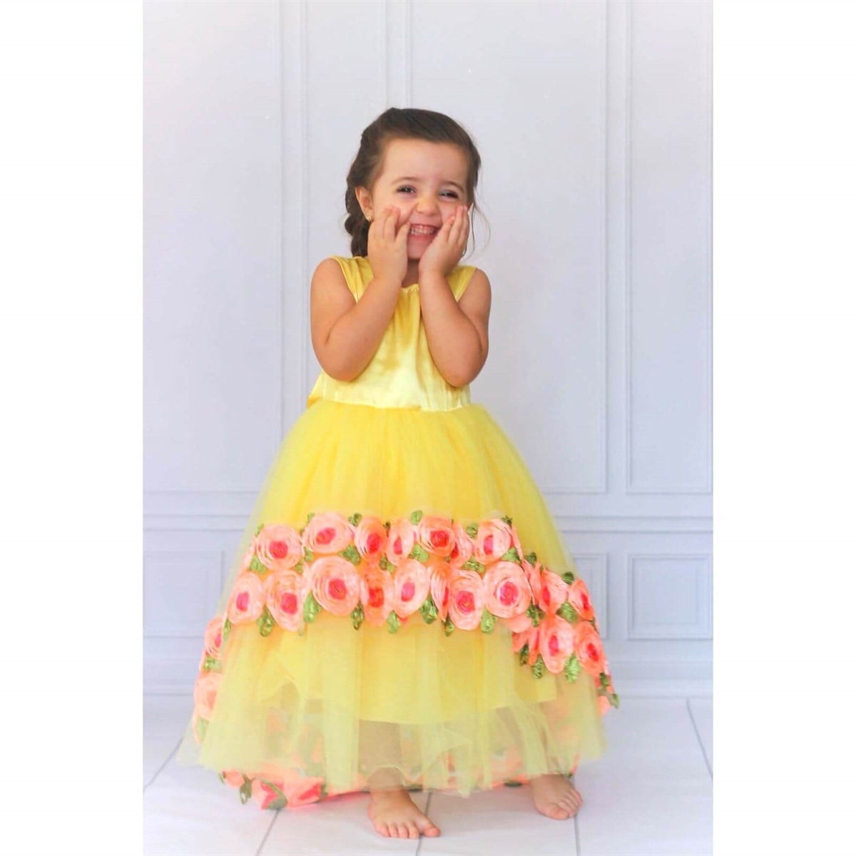 Kız Çocuk Çiçek Figürlü Sarı Elbise-Kid Girl Dresses-QuzucukKids.com