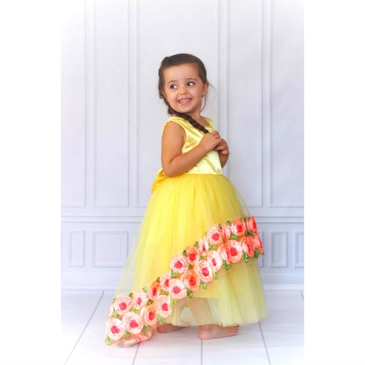 Kız Çocuk Çiçek Figürlü Sarı Elbise-Kid Girl Dresses-QuzucukKids.com
