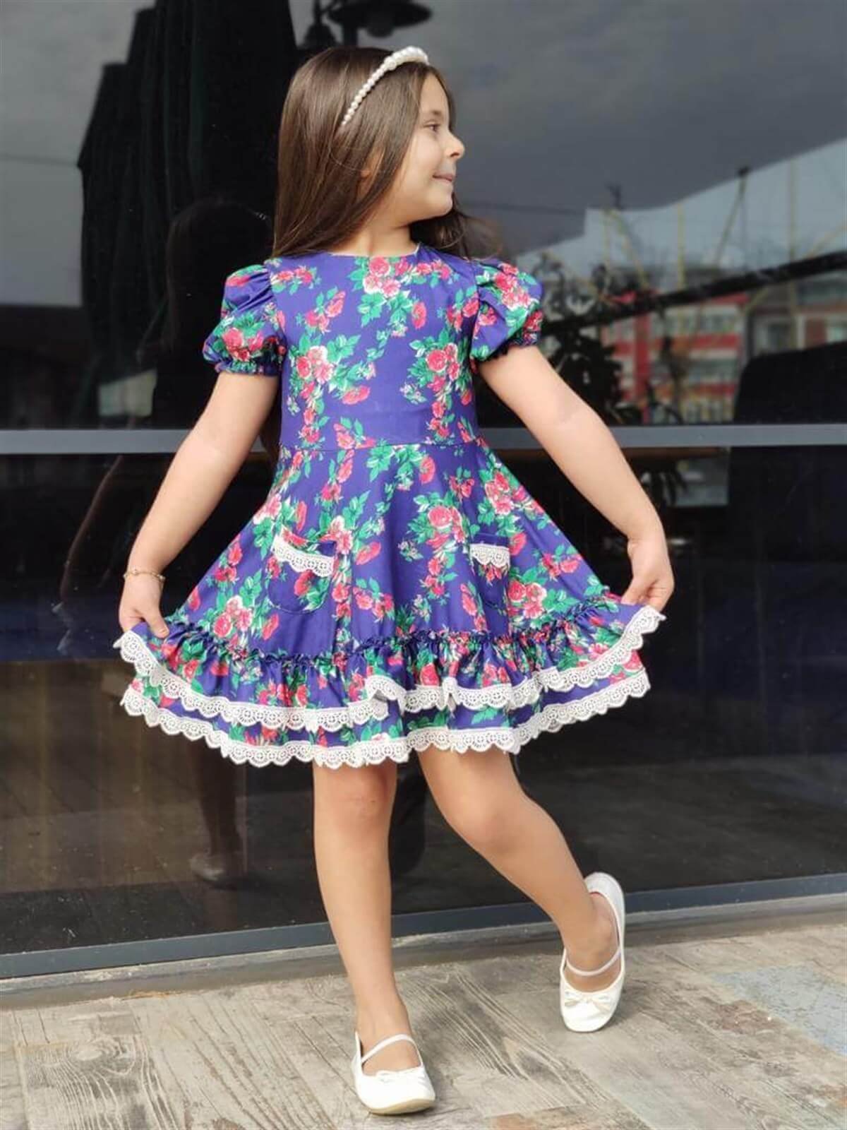 Kız Çocuk Çiçekli Yazlık Elbise-Kid Girl Dresses-QuzucukKids.com