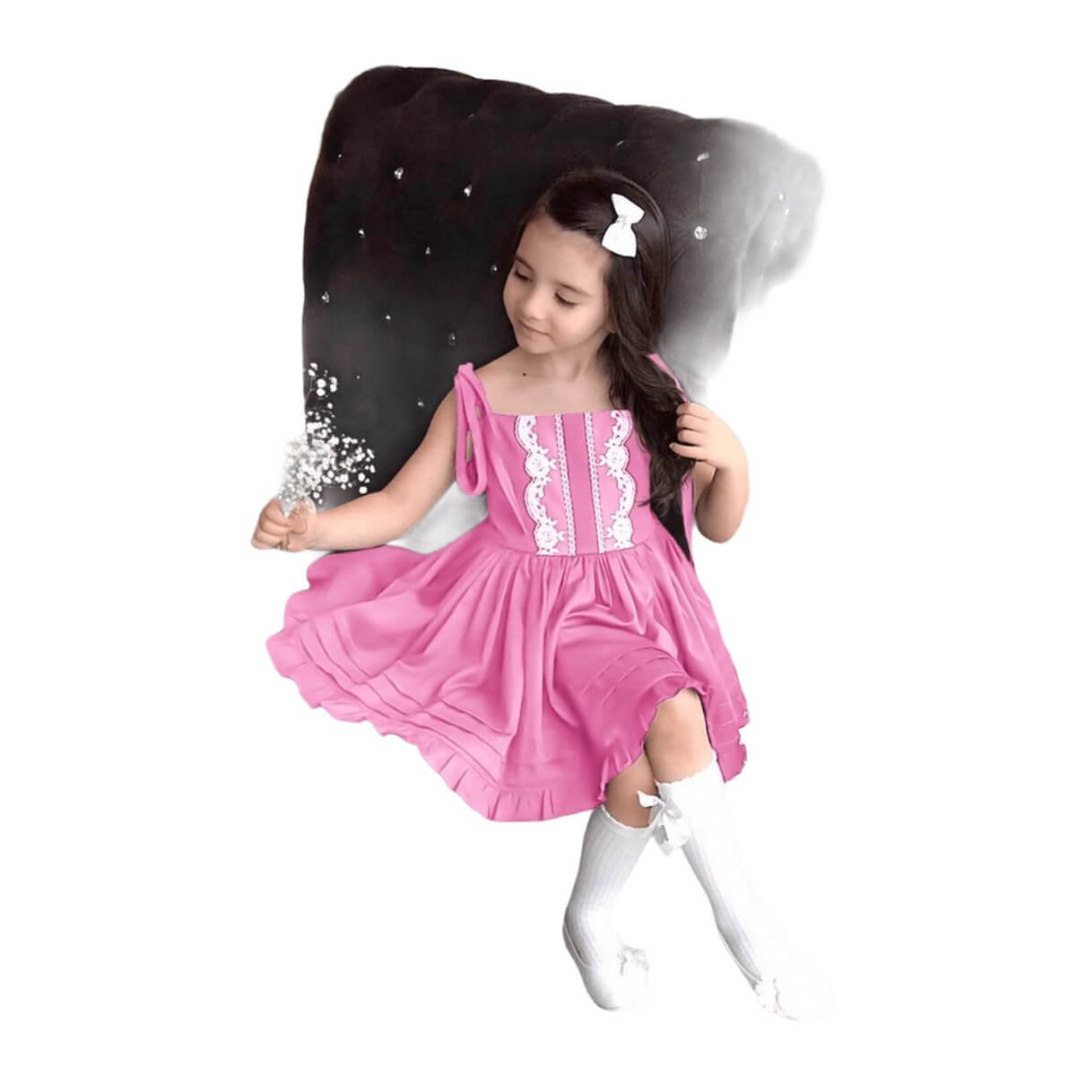 Kız Çocuk Dantel Detaylı Pembe Elbise-Kız Çocuk Elbise-QuzucukKids.com