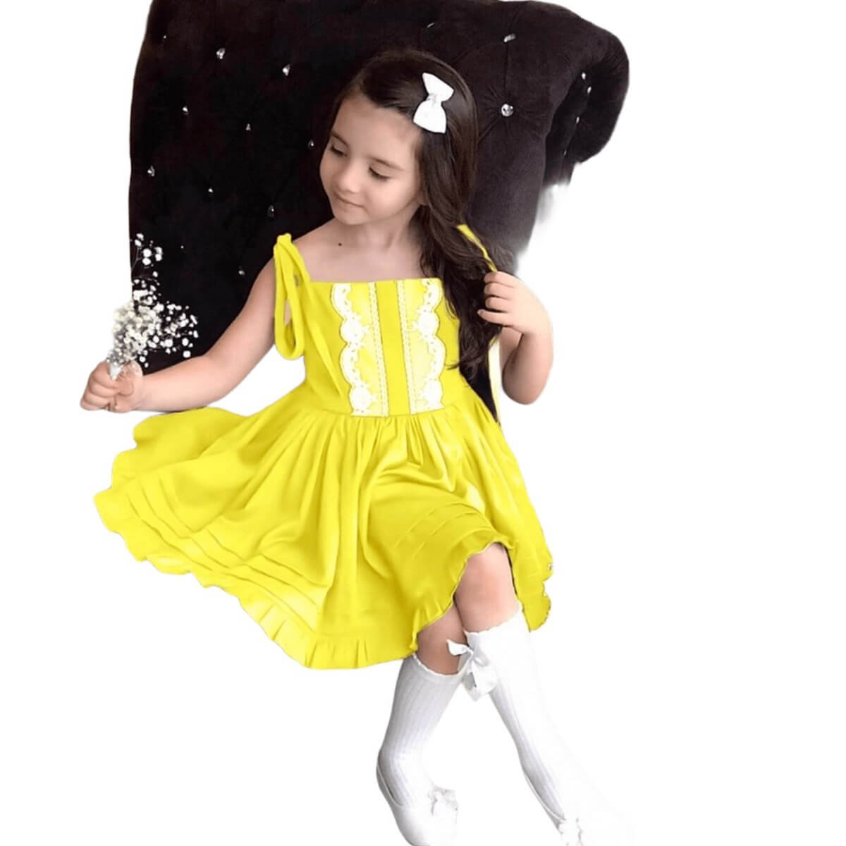 Kız Çocuk Dantel Detaylı Sarı Elbise-Kız Çocuk Elbise-QuzucukKids.com