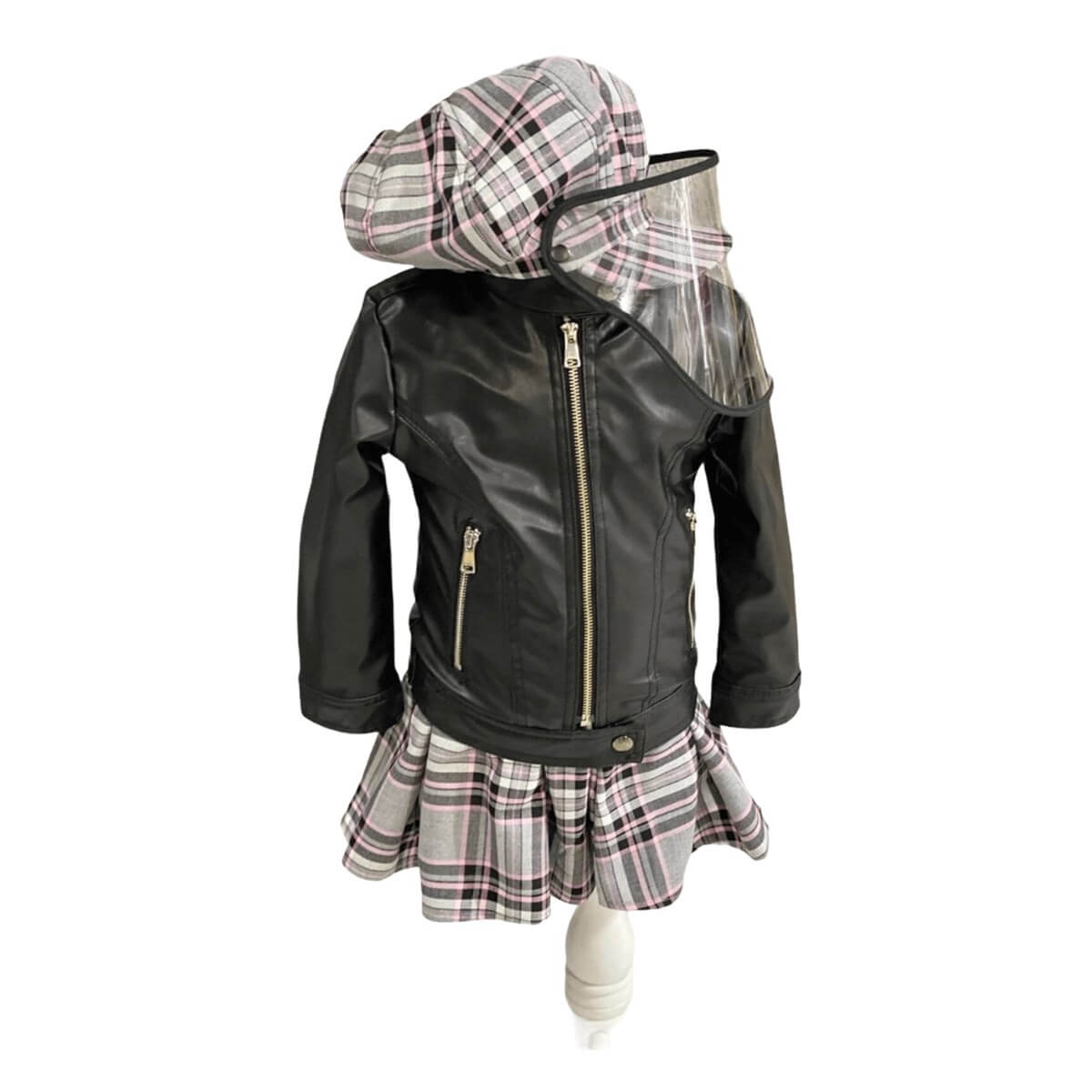 Kız Çocuk Deri Ceketli ve Siperlikli Gri Ekose Takım-Kız Çocuk Alt Üst Takım-QuzucukKids.com