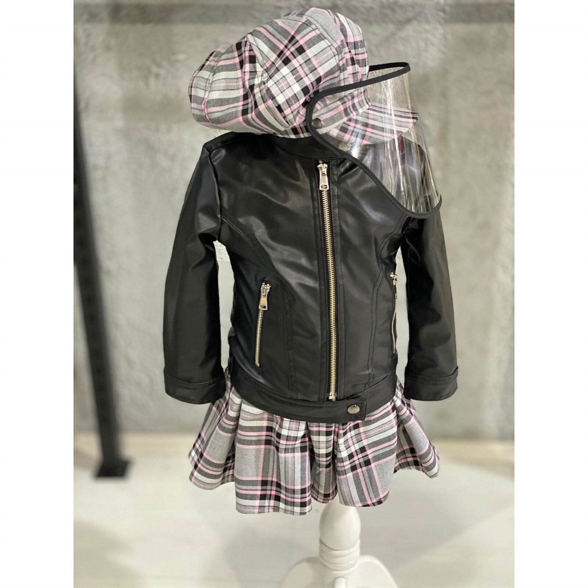 Kız Çocuk Deri Ceketli ve Siperlikli Gri Ekose Takım-Kız Çocuk Alt Üst Takım-QuzucukKids.com