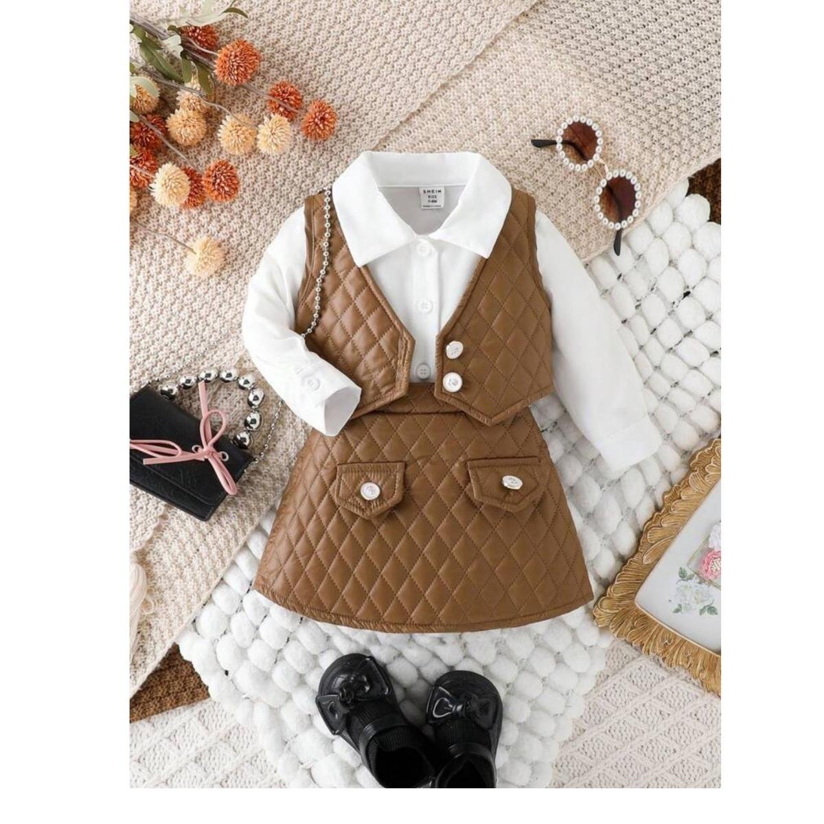 Kız Çocuk Deri Detaylı Kahverengi Etek ve Yelekli Takım-Kız Çocuk Alt Üst Takım-Kız Çocuk Deri Detaylı Kahverengi Etek ve Yelekli Takım QuzucukKids.com-QuzucukKids.com