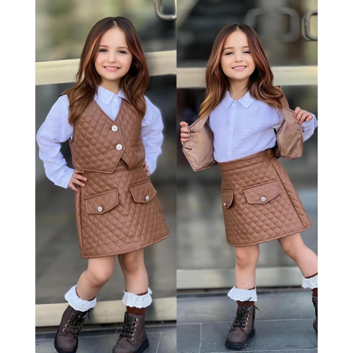 Kız Çocuk Deri Detaylı Kahverengi Etek ve Yelekli Takım-Kız Çocuk Alt Üst Takım-Kız Çocuk Deri Detaylı Kahverengi Etek ve Yelekli Takım QuzucukKids.com-QuzucukKids.com