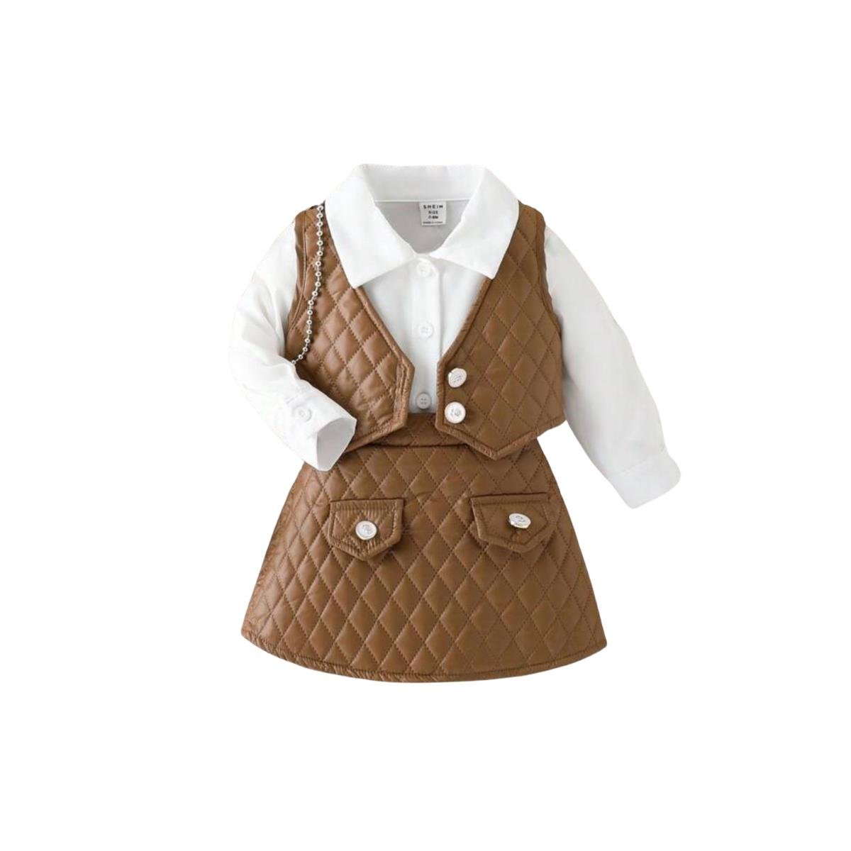 Kız Çocuk Deri Detaylı Kahverengi Etek ve Yelekli Takım-Kız Çocuk Alt Üst Takım-Kız Çocuk Deri Detaylı Kahverengi Etek ve Yelekli Takım QuzucukKids.com-QuzucukKids.com