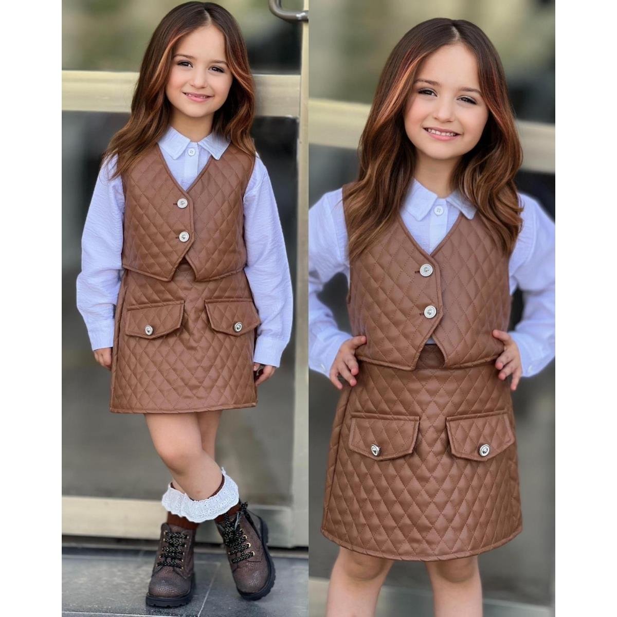Kız Çocuk Deri Detaylı Kahverengi Etek ve Yelekli Takım-Kız Çocuk Alt Üst Takım-Kız Çocuk Deri Detaylı Kahverengi Etek ve Yelekli Takım QuzucukKids.com-QuzucukKids.com