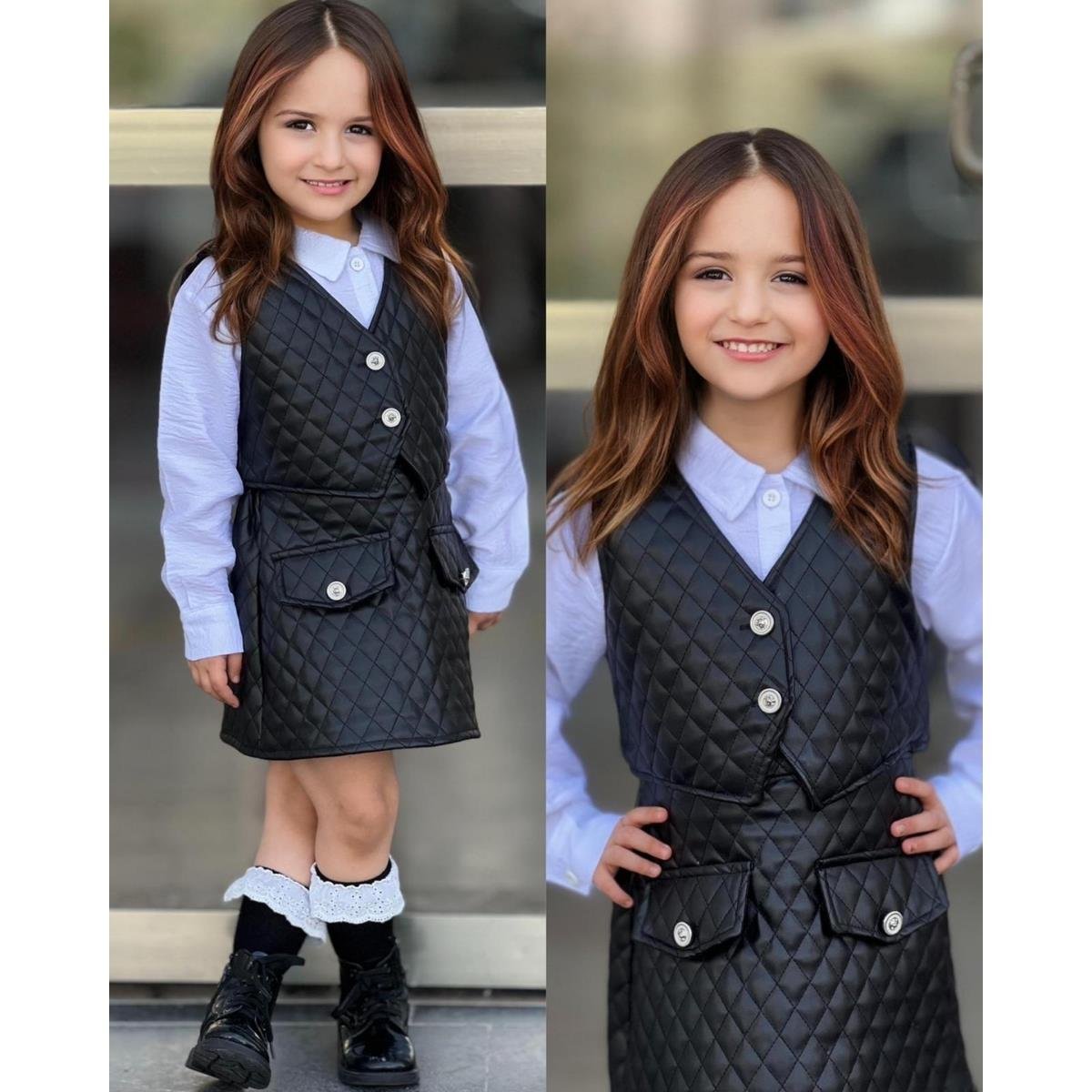 Kız Çocuk Deri Detaylı Siyah Etek ve Yelekli Takım-Kız Çocuk Alt Üst Takım-Kız Çocuk Deri Detaylı Siyah Etek ve Yelekli Takım QuzucukKids.com-QuzucukKids.com