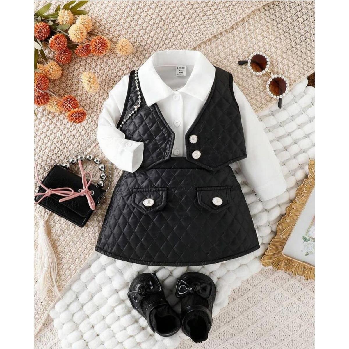 Kız Çocuk Deri Detaylı Siyah Etek ve Yelekli Takım-Kız Çocuk Alt Üst Takım-Kız Çocuk Deri Detaylı Siyah Etek ve Yelekli Takım QuzucukKids.com-QuzucukKids.com