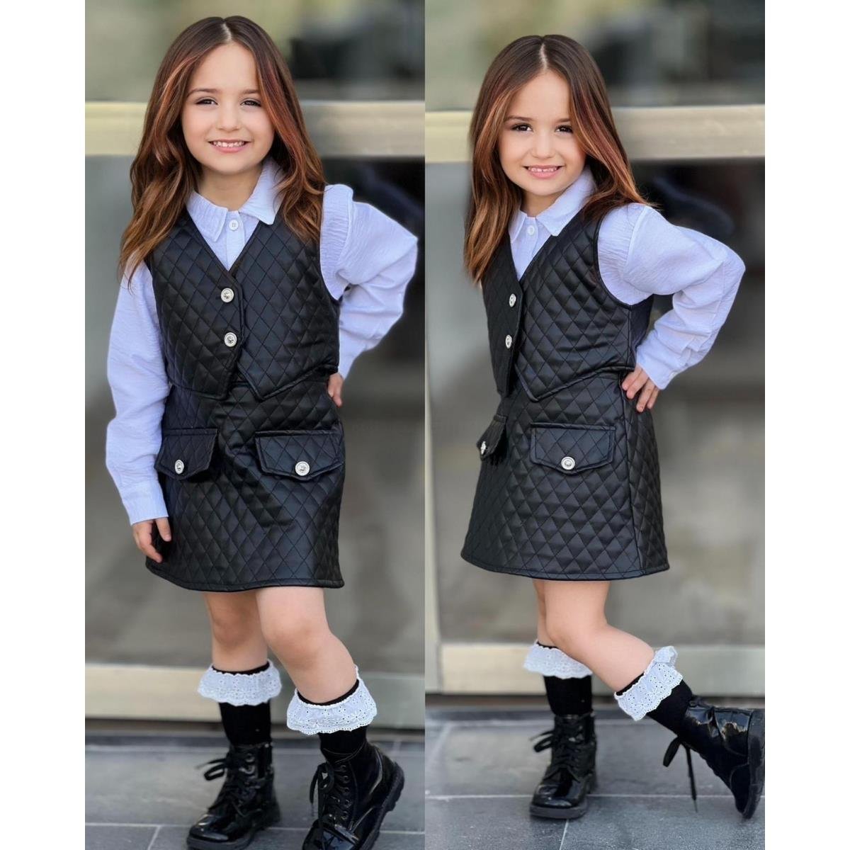 Kız Çocuk Deri Detaylı Siyah Etek ve Yelekli Takım-Kız Çocuk Alt Üst Takım-Kız Çocuk Deri Detaylı Siyah Etek ve Yelekli Takım QuzucukKids.com-QuzucukKids.com