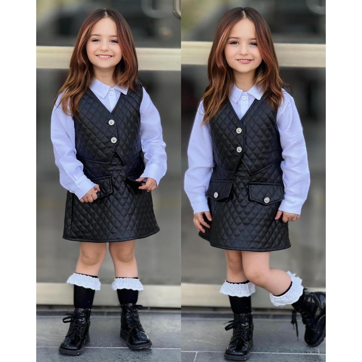 Kız Çocuk Deri Detaylı Siyah Etek ve Yelekli Takım-Kız Çocuk Alt Üst Takım-Kız Çocuk Deri Detaylı Siyah Etek ve Yelekli Takım QuzucukKids.com-QuzucukKids.com