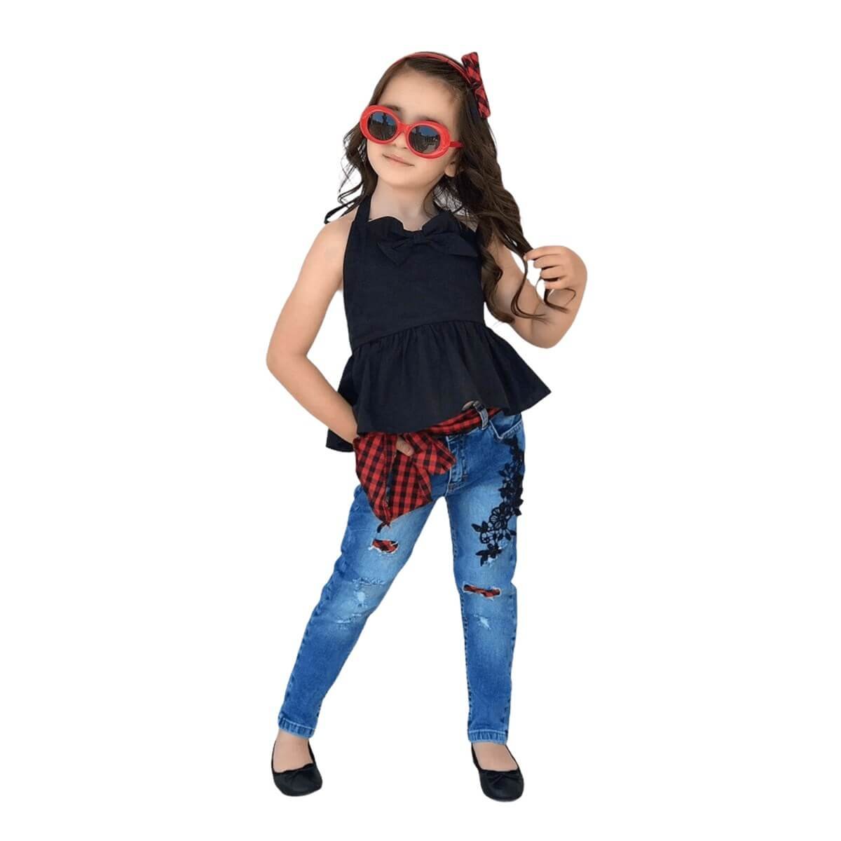 Kız Çocuk Ekose Detaylı Pantolonlu Takım-Kız Çocuk Alt Üst Takım-QuzucukKids.com