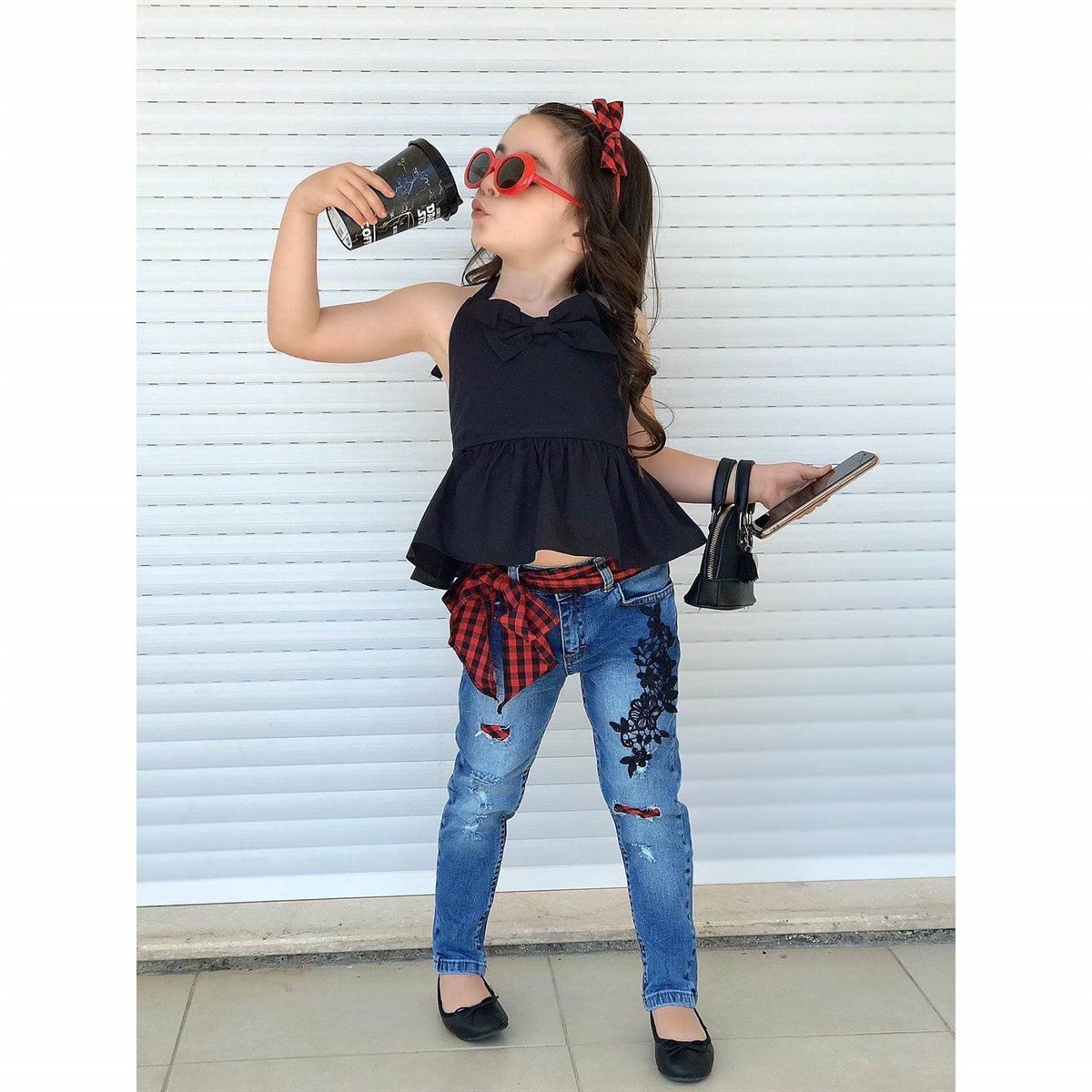 Kız Çocuk Ekose Detaylı Pantolonlu Takım-Kız Çocuk Alt Üst Takım-QuzucukKids.com