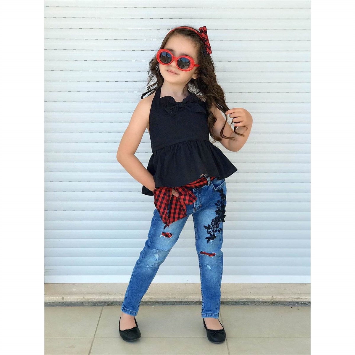 Kız Çocuk Ekose Detaylı Pantolonlu Takım-Kız Çocuk Alt Üst Takım-QuzucukKids.com