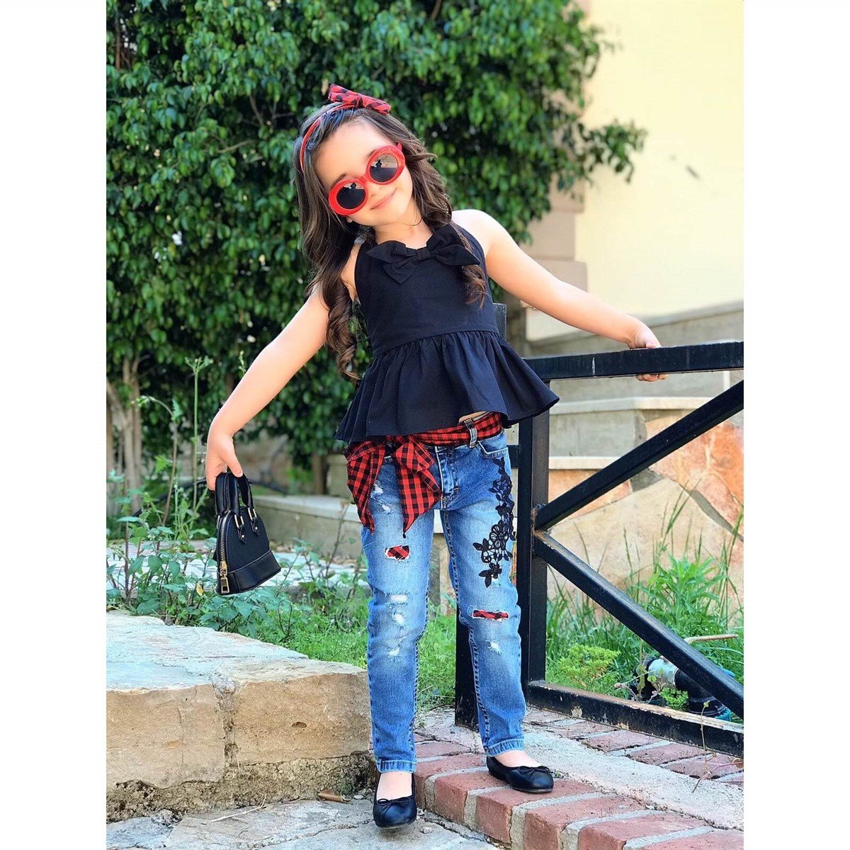 Kız Çocuk Ekose Detaylı Pantolonlu Takım-Kız Çocuk Alt Üst Takım-QuzucukKids.com