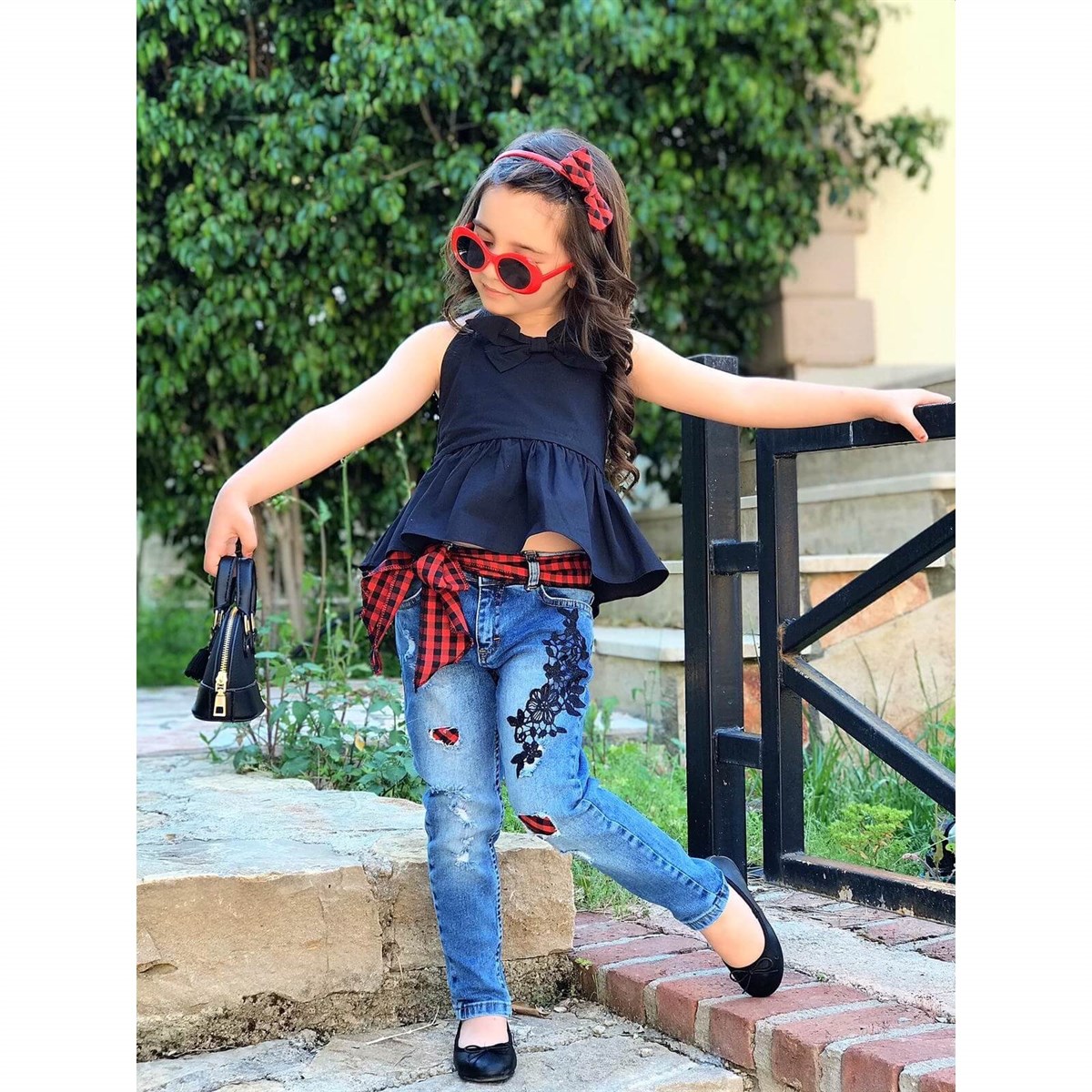 Kız Çocuk Ekose Detaylı Pantolonlu Takım-Kız Çocuk Alt Üst Takım-QuzucukKids.com