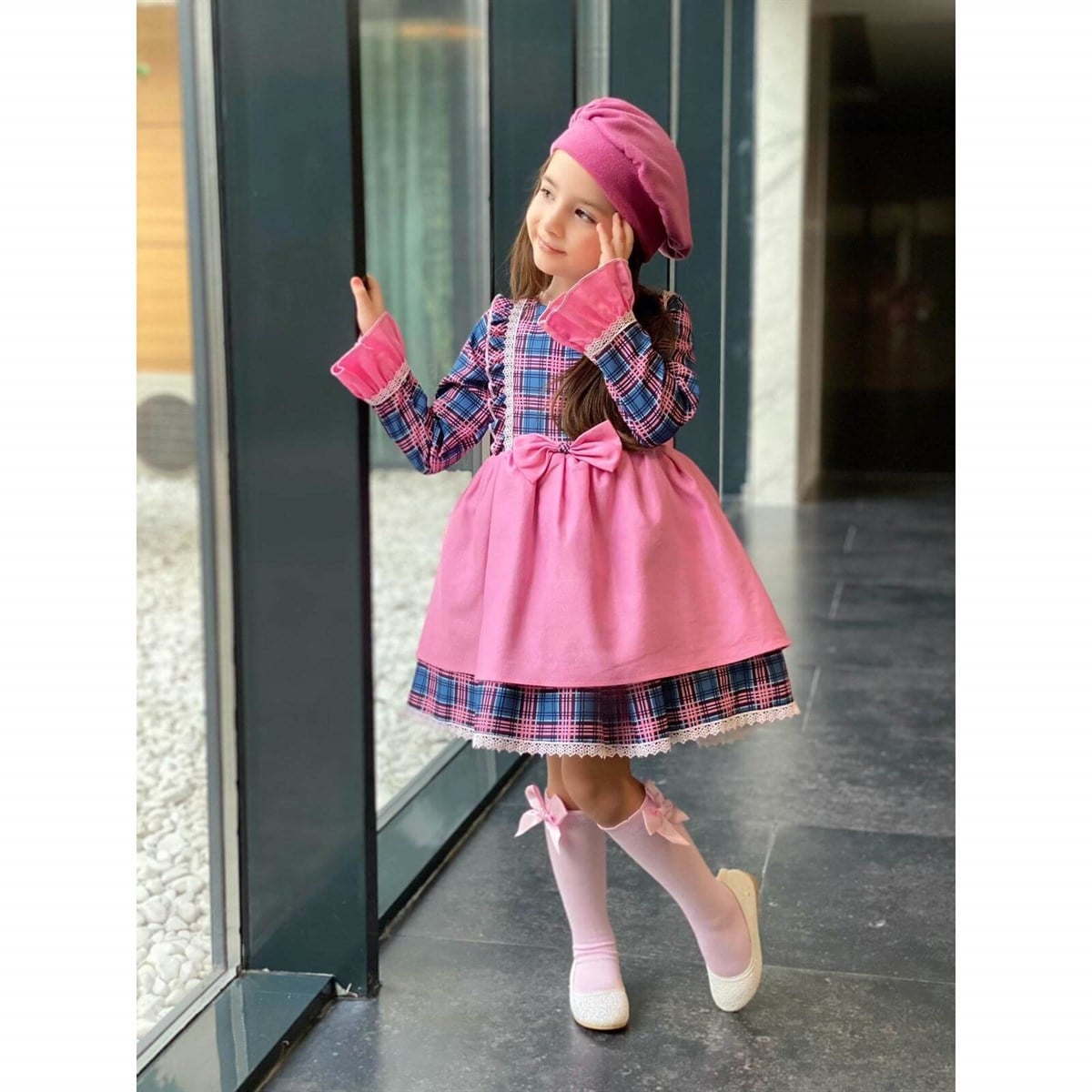 Kız Çocuk Ekoseli Elbise Kombin-Kız Çocuk Alt Üst Takım-QuzucukKids.com