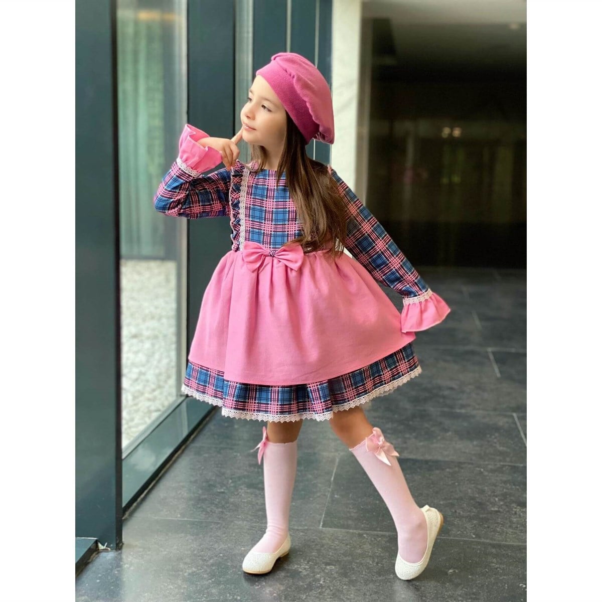 Kız Çocuk Ekoseli Elbise Kombin-Kız Çocuk Alt Üst Takım-QuzucukKids.com