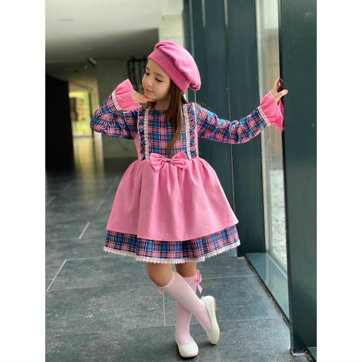 Kız Çocuk Ekoseli Elbise Kombin-Kız Çocuk Alt Üst Takım-QuzucukKids.com