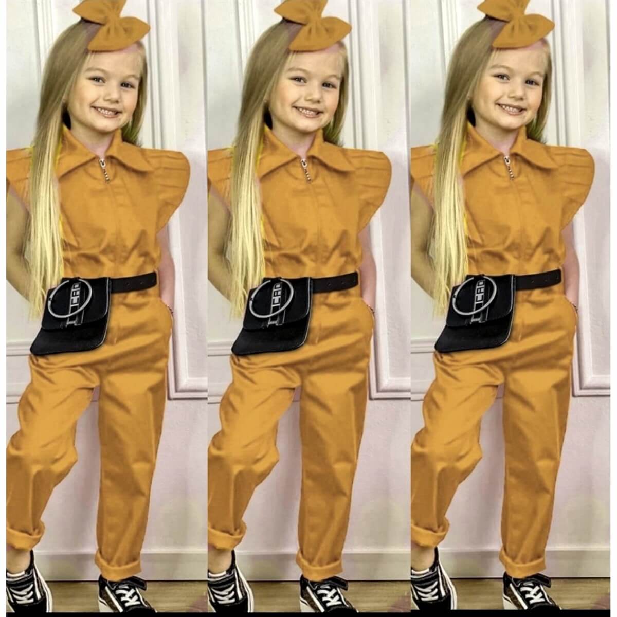 Kız Çocuk Gabardin Sarı Tulum-Kız Çocuk Tek Alt-QuzucukKids.com