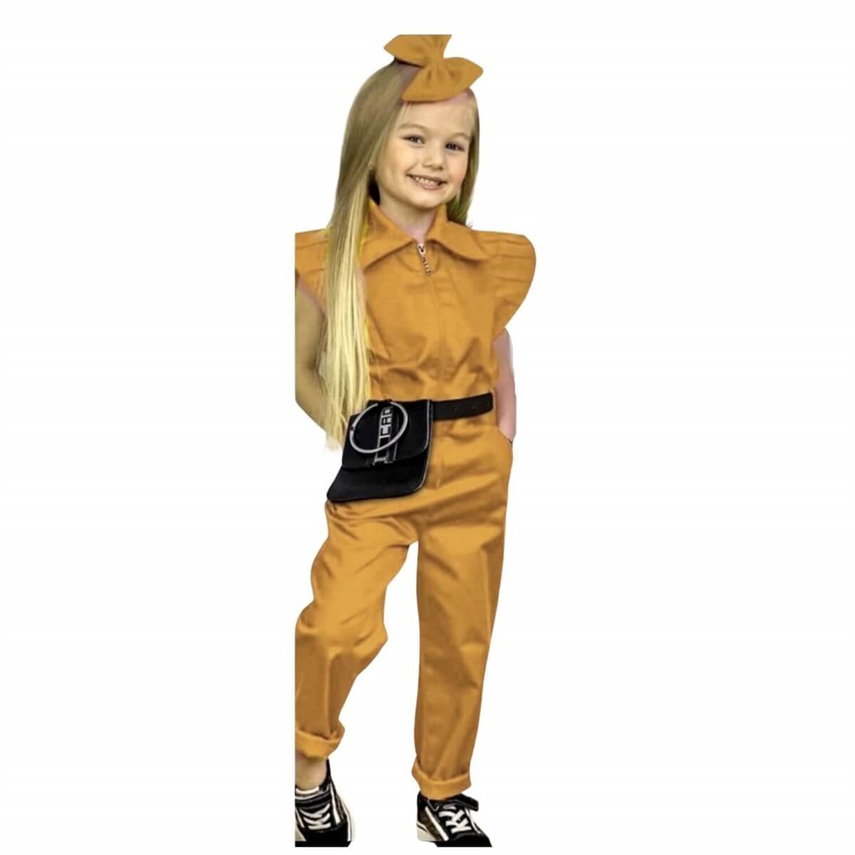 Kız Çocuk Gabardin Sarı Tulum-Kız Çocuk Tek Alt-QuzucukKids.com